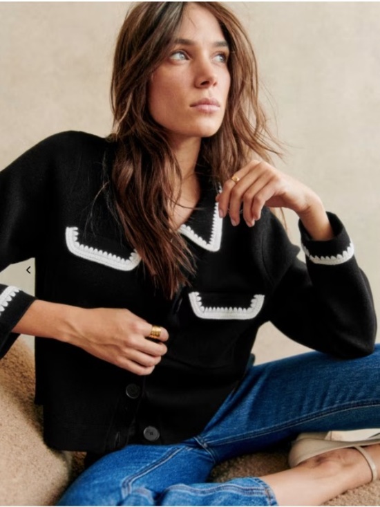 Sezane Sweaters - SEZANE Black Merino Wool Knit Collared Betty Cardigan w/ White Crochet Details
